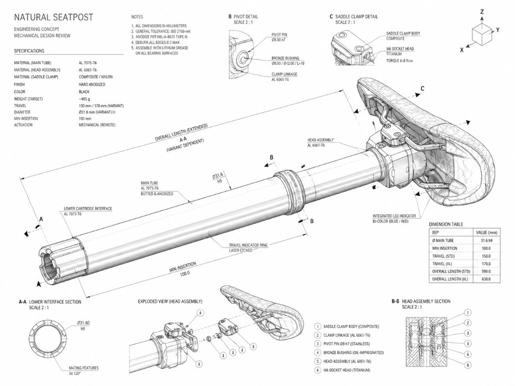 NATVRAL eTilt mechanical design review — isometric seatpost engineering drawing